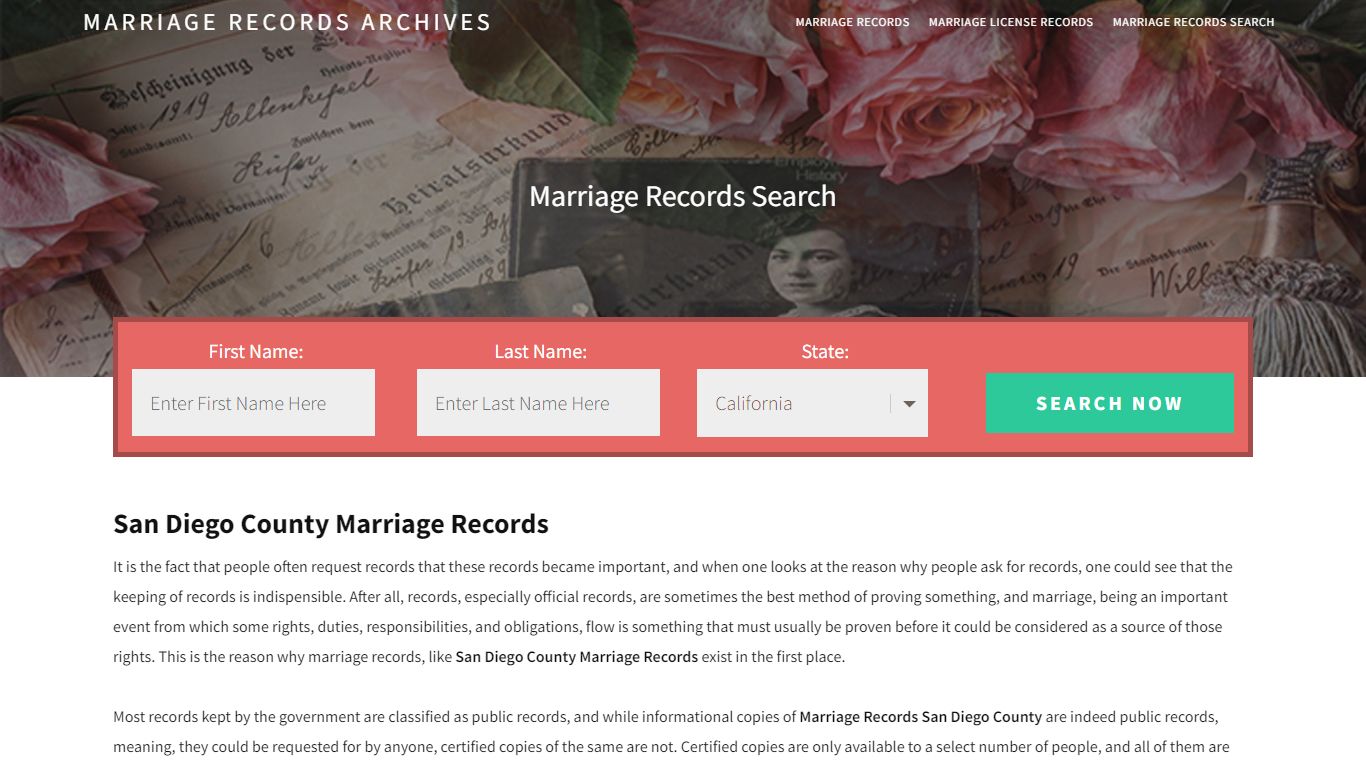 San Diego County Marriage Records | Enter Name and Search